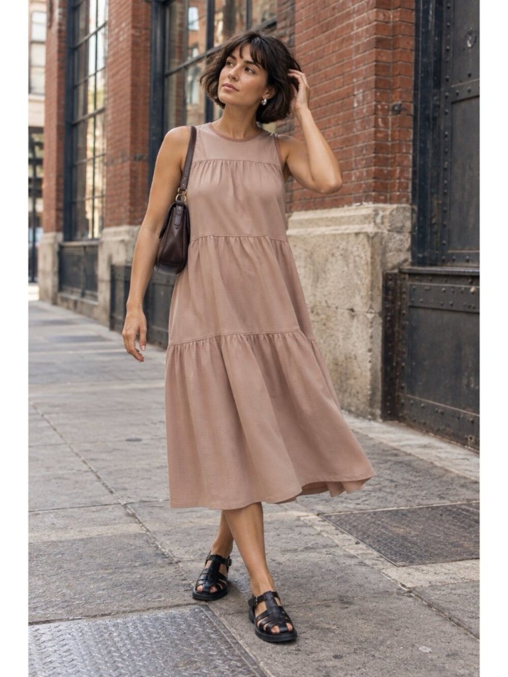Everlane Womens The Weekend Tiered Dress Sz Medium Dusty Rose Tan Midi Sundress